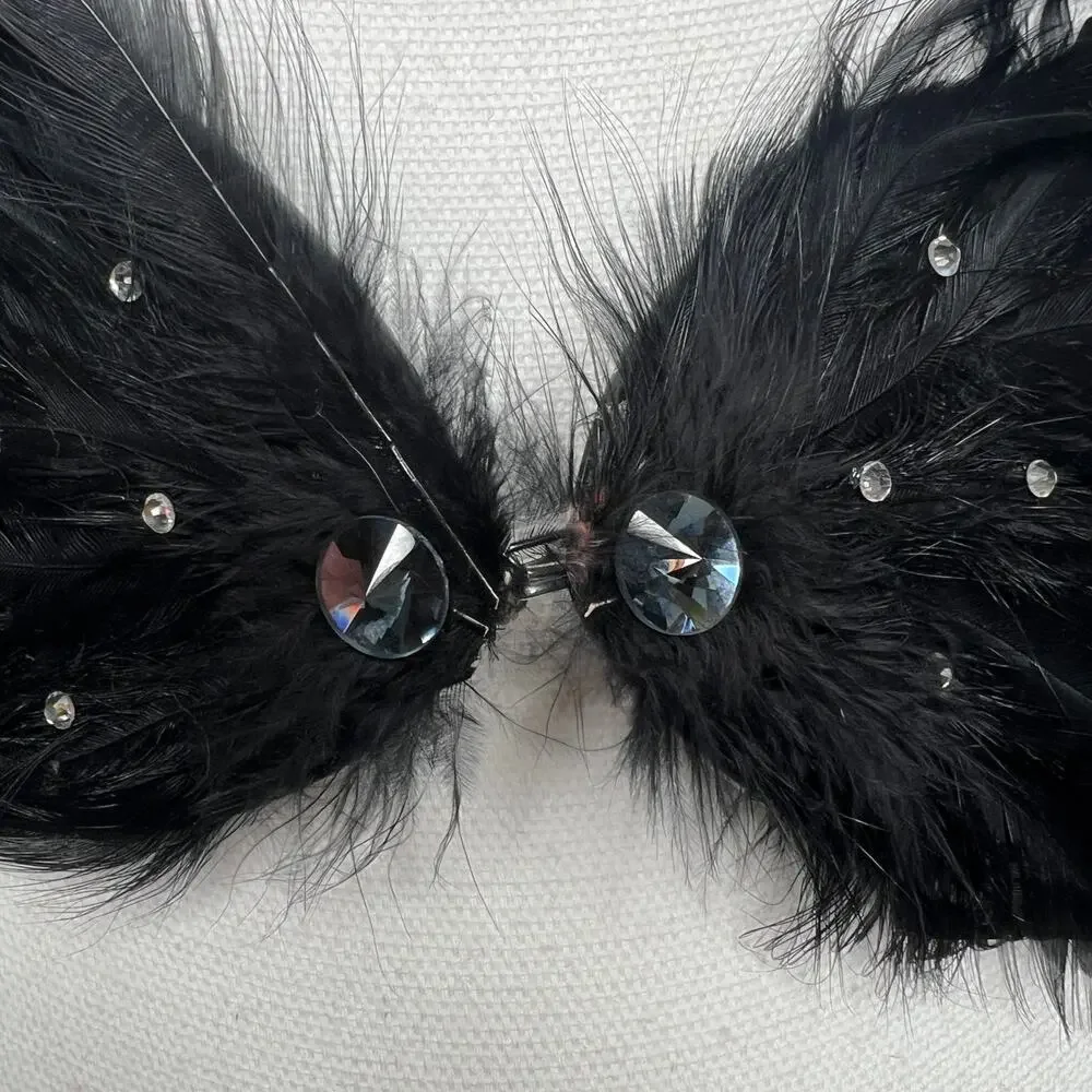 Vintage 90s Size Medium Large Black Feather Rhinestone Belt Wide Stretch Cinch